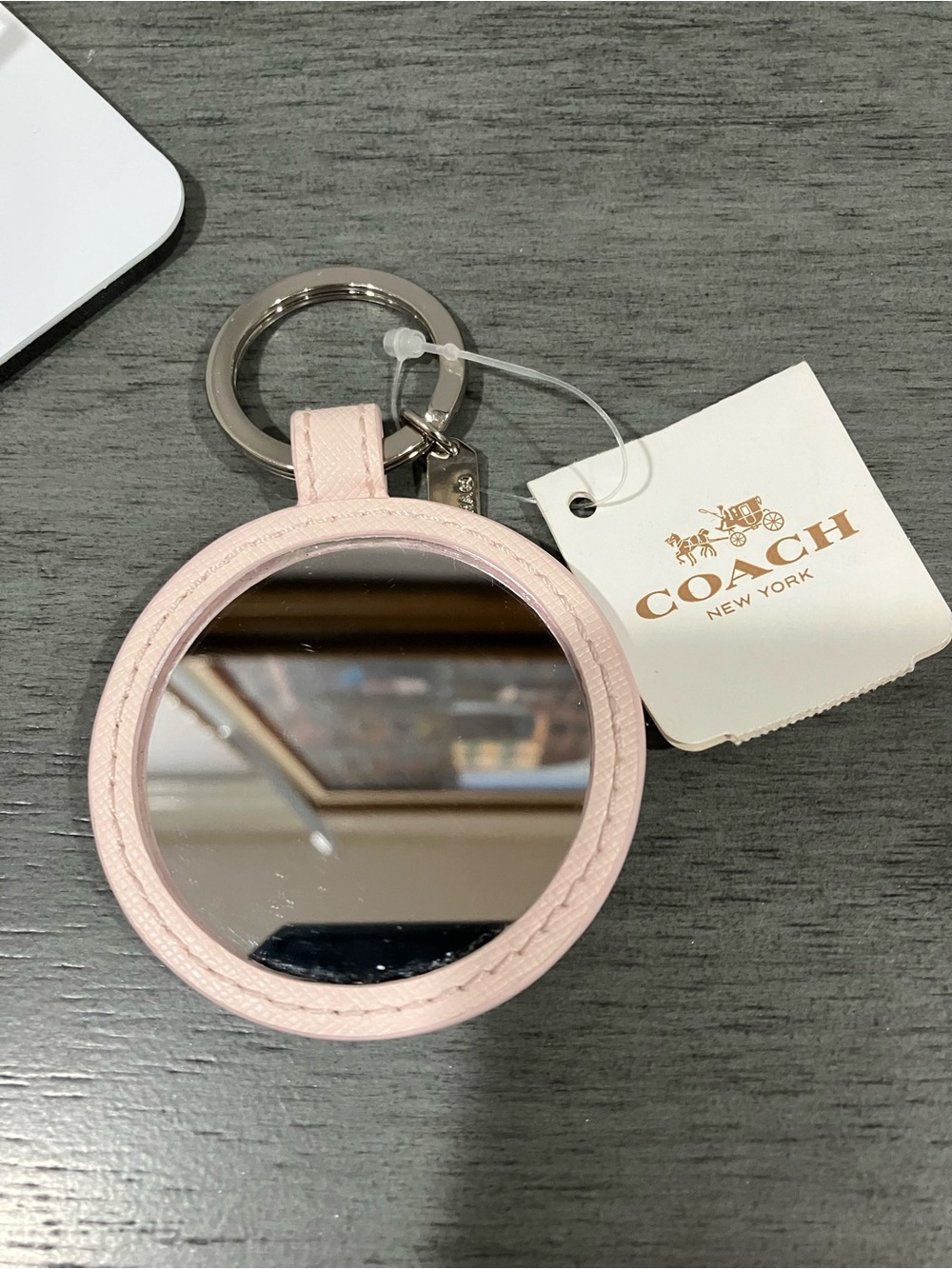 Coach Blush Pink Round Leather Mirror Keychain